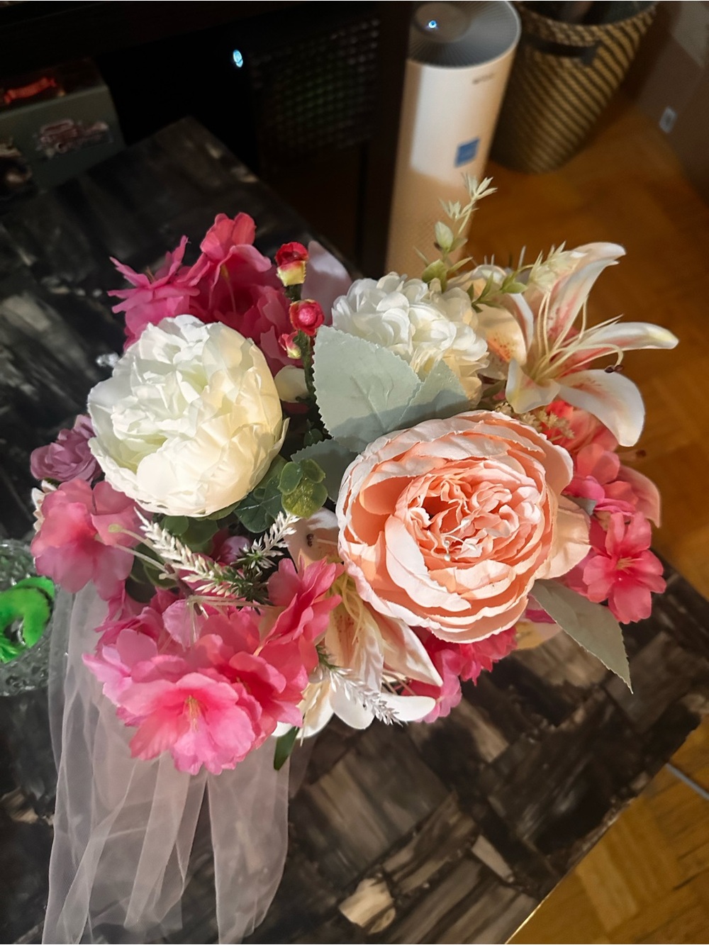 Pink Faux Floral Centerpiece in Rattan Accent Box